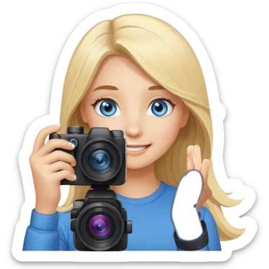  blue eyes blonde girl photographer cartoon taking picture in middle of taking picture camera in front of face long hair smiling funny flash professiona sticker