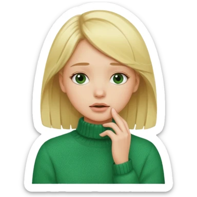 blonde girl has sore throat in green sweater with hand on throat sticker