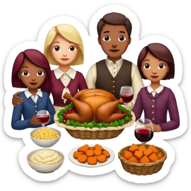 Thanksgiving Dinner with 10 people of different skin color around the table; have the food be a cooked turkey, mashed potatoes, corn, a basket of biscuits, a small bowl of cranberry sauce, baked yams, steamed vegetables, and a bottle of wine. sticker