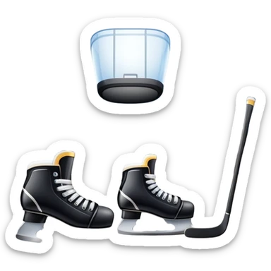 An icon featuring close-up shots of key hockey equipment: a hockey stick, puck, and skates. The background shows a packed stadium with cheering fans, bright arena lights, and an icy rink. Transparent background highlights the essentials of the game and the thrill of the sport. sticker