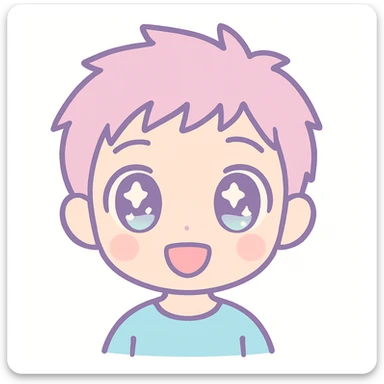 anime themed emoji of a boy, big sparkling eyes, short spiky hair, cheerful expression, vibrant colors sticker