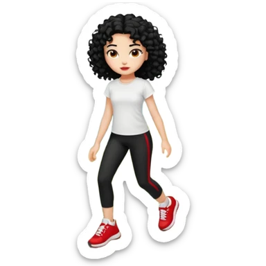 generate a pretty bratz fair skinned girl with curly black hair wearing a white tshirt trekking on a hill with red sneakers on and black leggings.  Put a hill behind her sticker
