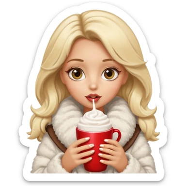 Tanned Girl with lashes , blonde hair, in an extremely big fluffy oversized coat and hold hot chocolate drink and big eyes, big lip sticker