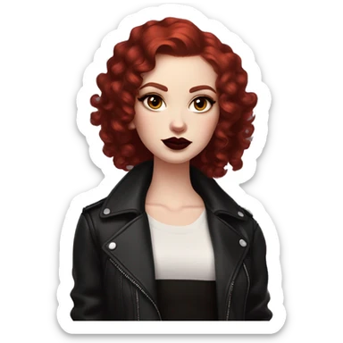 Girl with very pale skin, bright red curly short hair with a side part, black cat-eye makeup, dark maroon blush and lipstick.  Her eyebrows are dark, arched and very high.  Hazel eyes. Big lips. Thin. Wearing a black biker jacket. Holding a black cat sticker