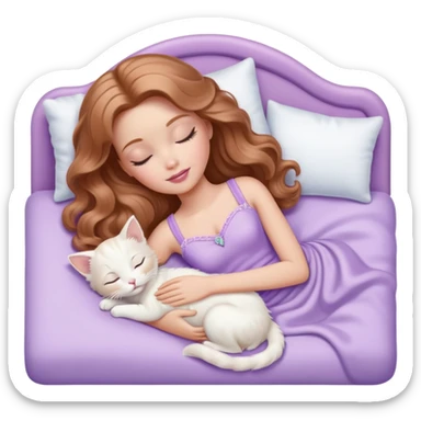 White Barbie girl Chestnut long wavy hair sleeping with white kitten at pale lavander bed sticker