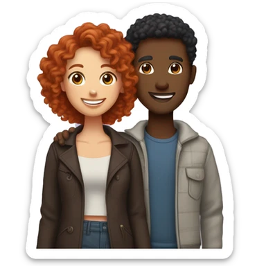 Create an emoji of a couple: a woman with curly red hair and brown eyes, and a man with short straight black hair and dark brown skin. Both should be smiling warmly and standing close together, embracing each other affectionately sticker