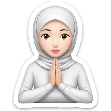 A white Asian woman, white hijab women are listening with her hands folded on the table. her lips is pink. her outfit & hijab color is white. Her fingers are 10. sticker