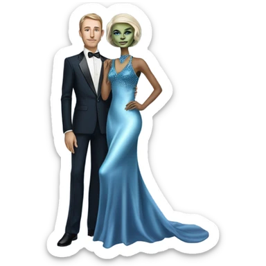 reptilian alien woman, in long slim pastel blue formal party satin dress with gradient shiny sparkling navy blue diamonds embroidered , and caucasian man in black dress sticker