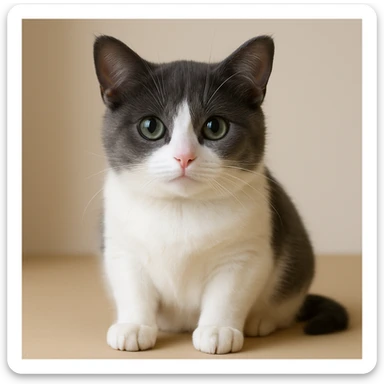 Make the kitten about 30% fatter, keep the fur only gray on top with no stripes, white nose and underbelly, in a realistic style with lifelike details. sticker