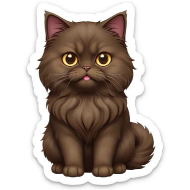 cinematic-[dark brown persian cat]-realistic-full-body-sitting-emoji,-tail-curled-playfully-around-its-paws,-head-tilted-dramatically,-fluffy-[dark brown]-fur,-simplified-yet-realistic-focused-features,-highly-detailed,-glowing-with-an-almost-sarcastic-glow sticker