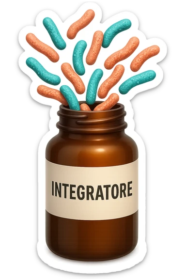 EMOJI STILE IPHONE DI boccetta di integratore con la scritta "INTEGRATORE" SULL'ETICHETTA, con batteri intestinali turchesi e rosa salmone che escono, IPERREALISTICO 4K sticker