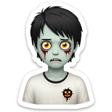 boy zombie with black, medium-long, emo, shaggy hair, dark and spooky, creepy expression, wearing a white shirt, emoji style sticker