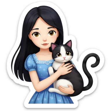 A beautiful girl with long black hair wearing a dress hugs a cat of three colors sticker