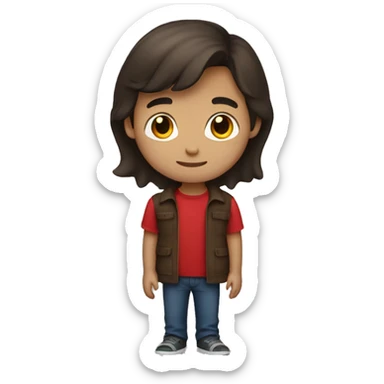 Boy with semi-long semi-dark brown hair with red shirt sticker