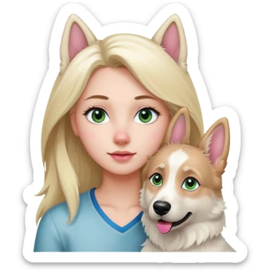 White European young woman with blue-green eyes and long blond hair with her white German Shepherd dog,the Dog hast a pink nose and short fur  and Brown eyes sticker