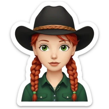 cowgirl with red hair green eyes black hat braided hair sticker