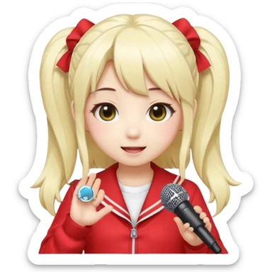 Cute kawaii emoji-style Japanese K-pop singer girl, long platinum blonde hair in twin tails, red outfit, holding a microphone, Japanese K-pop idol vibes, big sparkling eyes, chibi proportions, clean lineart, pastel colors, cheerful idol smile, sticker/emoji style, transparent background sticker