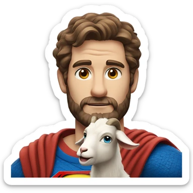 Man holding a goat, redish brown hair redish scruffy beard, blue eyes, wearing a superman outfit sticker
