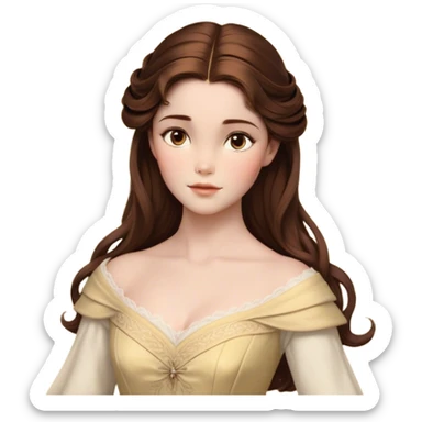 Cinematic Realistic Belle Portrait, depicted with lifelike skin texture, soft natural lighting, and intricately detailed brown hair styled elegantly. Her deep, expressive eyes exude warmth and intelligence, complemented by a serene and graceful expression. She is dressed in her classic attire, with rich fabric textures and delicate folds that catch the light beautifully. The portrait features a soft, enchanting glow with a natural, radiant finish, capturing the essence of timeless beauty in a realistic and painterly style, evoking a sense of depth and authenticity. sticker