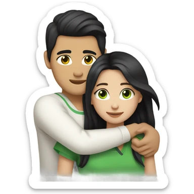 Light skin Asian male with undercut straight black hair tightly hugging white female with green eyes and long brown wavy hair sticker