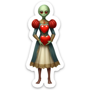 a Reptilian alien woman full body in Romanov dress, holding big red heart sticker