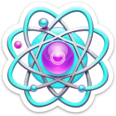 futuristic minimalistic logo icon, glowing atom core with orbiting energy rings, neon purple (#8B5CF6) and cyan (#00E0FF) glow, representing Atom team creativity and innovation, dark background, clean tech design, no face, 1:1 aspect ratio sticker