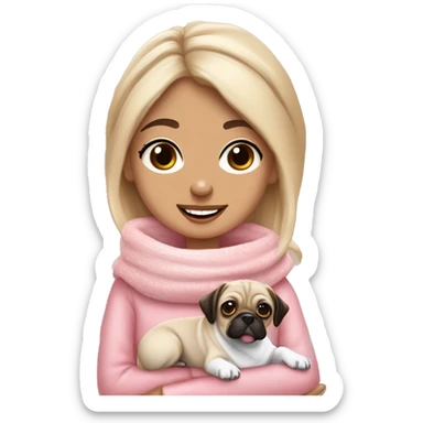 Recreate the first one Blonde girl with white scarf pink jumper cup of hot chocolate, marshmallows a flake and cream. With a jack russel mix pug brown dog sticker