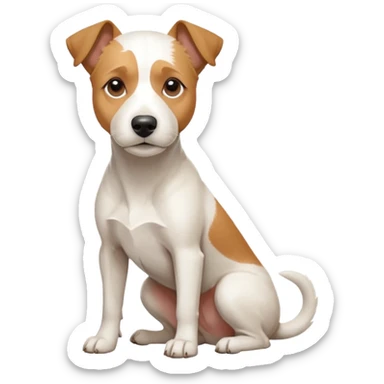 a full body facing front on of a buff white parson russell terrier looking dog the size of a kelpie with light brown long ears resting on its face and a light brown patch above one eye and a large snout. the rest of the dog is completely white.  sticker