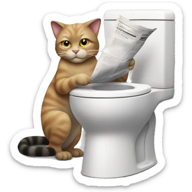 a cat sitting on the toilett while reading newspaper sticker