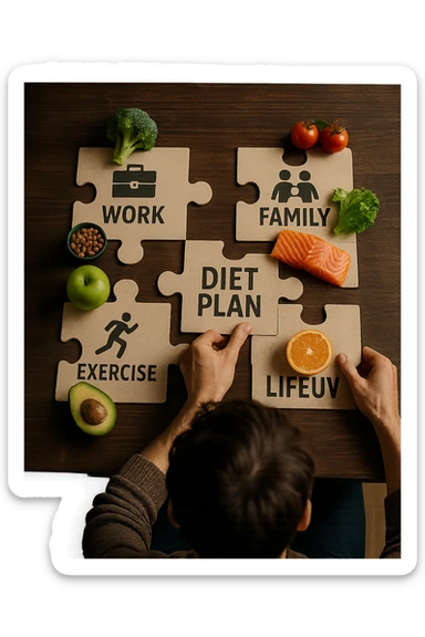 realistica cinematic photo a person is surrounded by puzzle pieces, each representing a different aspect of their life (work, exercise, family, leisure), and healthy foods are integrated into each piece. The person assembles the puzzle, creating a complete, personalized nutrition plan. The mood is uplifting and creative. in italiano sticker