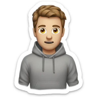 a white male with VERY VERY short brown hair is angry and wearing gray sweatshirt sticker