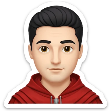 A handsome man with fair complexion. masculine, roman, slightly crooked nose. Thick triangular eyebrows. Hooded eyes and black pupils.  smily lips with a heavy top lid.  thick black hair  80/20 part with an undercut.  sticker