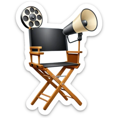 Icon for Directing: a director's chair, a film slate, a megaphone, and a stage set with lights. The icon should represent the creative and leadership aspects of directing, with focus on film and theater production. Transparent background. sticker