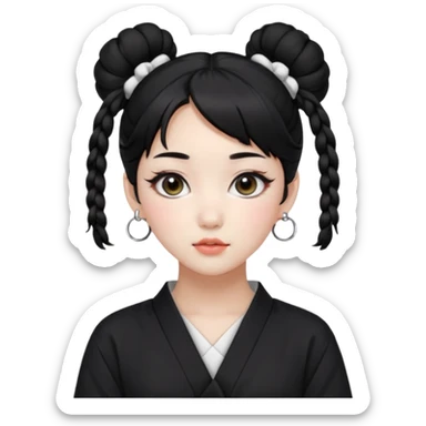 a beautiful girl face, wearing cute korean makeup, black hair, tied into two buns low near the ears with front bangs, kpop idol sticker
