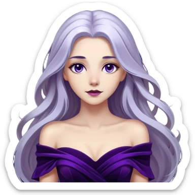 A portrait of a striking woman with long silver hair and a captivating gaze. She’s dressed in a deep purple, off-shoulder dress, with a dark, velvety background and soft light accentuating her features, creating a dramatic, almost ethereal atmosphere sticker