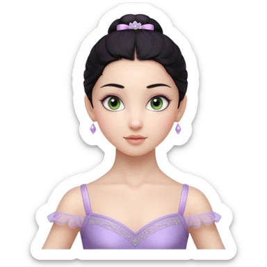 Cinematic Realistic ballerina Light Purple Portrait, depicted with lifelike skin texture, subtle rosy undertones, and soft natural lighting that enhances the gentle contours of her face. Her intricately detailed sweet black hair is elegantly styled, green eyes sticker