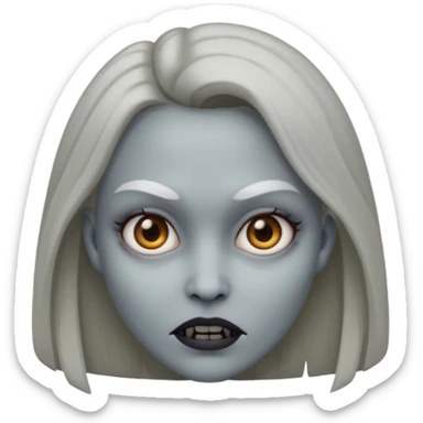 woman with gray skin and a creepy face sticker