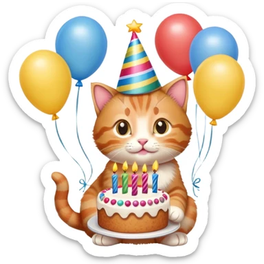 Ginger tabby kitten celebrates birthday, birthday hat, birthday cake, balloons, happy, gifts sticker
