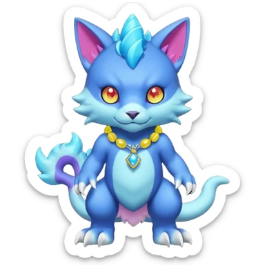 Colorful neon glowing abyssal garurumon-purloin-feline-Fakemon-Digimon-creature wearing a cool casual fashionable aesthetic clothes and accessories and jewelries and apparels fursona (full body)  sticker