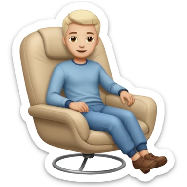 Emoji-style person relaxing on leaning chair, happy and content, rounded features, soft shading, sticker
