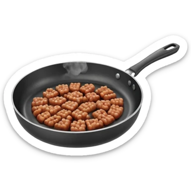 A 3D cartoon frying pan with minced meat being cooked, slight steam, realistic texture, Memoji-style. sticker