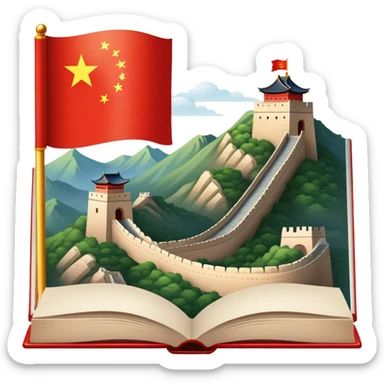 An icon featuring the Great Wall of China and the big flag of China, symbolizing the Chinese language. The design includes an open book with Chinese characters, representing language learning. Transparent background highlights the depth of Chinese heritage. sticker