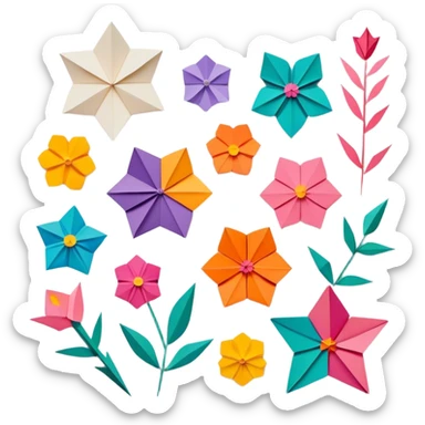 Paper crafting icon, various paper crafts like origami, paper flowers, and scrapbooking materials, visible tools, colorful paper patterns, minimalistic style, clean lines, transparent background. sticker