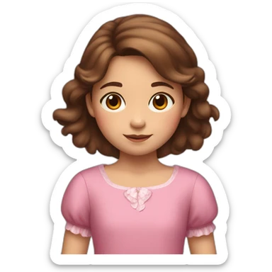 An 8-year-old girl with brown hair in a pink dress and a bear in her hands sticker