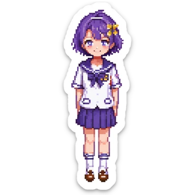Pixel art anime girl with short bright purple hair wearing Japanese sailor style school uniform, composed posture with hand on hip but shyly waving with other hand, blushing face and timid smile, very shy expression sticker