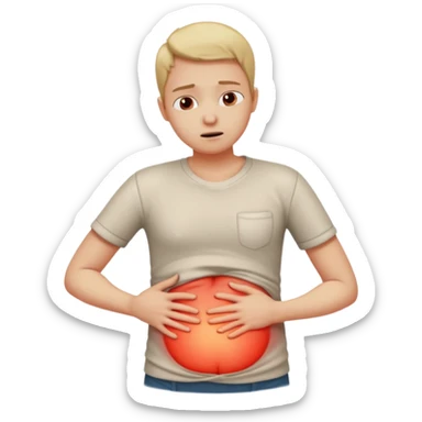 A person wearing casual clothes, holding their stomach with one hand, showing visible discomfort. A red glow appears over the abdominal area to indicate pain. Realistic medical illustration style, clean white background, focus on body language expressing stomach ache or cramps. sticker