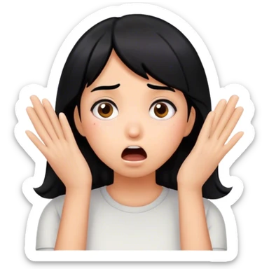 Shocked girl face with black hair and hands on face, big sign saying "HELP" sticker