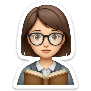 girl with short brown hair, wearing glasses and holding a book sticker
