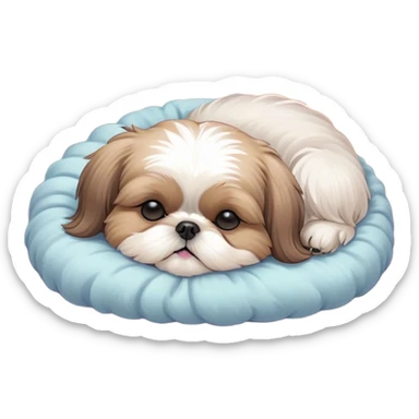Meme-Worthy Cute Sleeping Shih Tzu Portrait Emoji, Head resting peacefully with a tender, contented smile and eyes delicately closed in serene slumber, showcasing a luxuriously fluffy fur in soft pastel tones, simplified yet irresistibly adorable, highly detailed, glowing with a warm, drowsy radiance, high shine, exuding calm, cozy charm, styled with a gentle, soft glowing outline, capturing the essence of a sleeping Shih Tzu that radiates utterly adorable, sleepy bliss! sticker