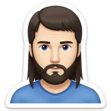 Caucasian man with long straight dark brown hair styled loose with fringe, medium-length hair, short full beard, neutral serious expression, simple blue shirt sticker